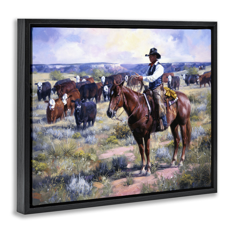 «Cowboy Rounding Up Bétail», art mural par Jack Sorenson, H 25 po x l 31 po, Cadre flottant noir de jais