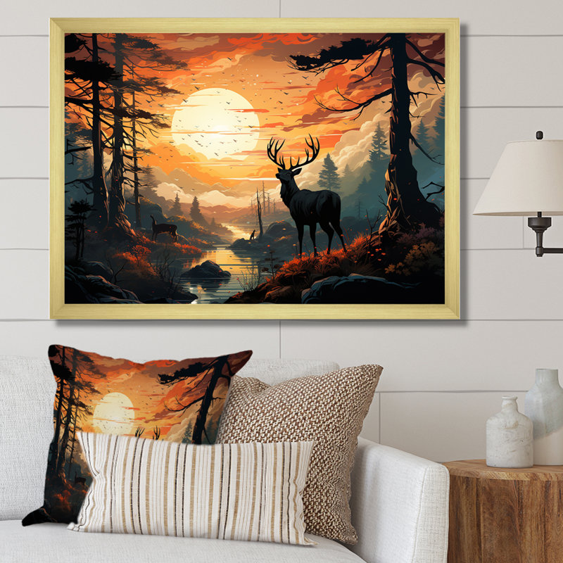 «Deer Sunset Landscape In Canada I - Deer Animal», art mural, Cadre doré à coins fermés, H 16 po x l 32 po x P 1 po