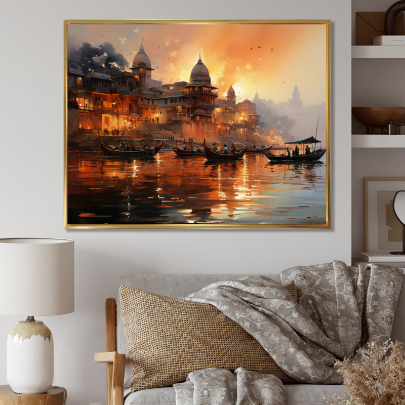Indian Art Sunset At - Art mural indien, Cadre flottant doré, H 16 po x l 32 po x P 1 po