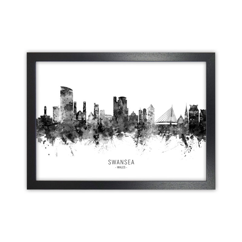 Swansea Wales Skyline Black White City Name by Michael Tompsett - Print, 64cm H x 88cm W x 3cm D, Black Framed