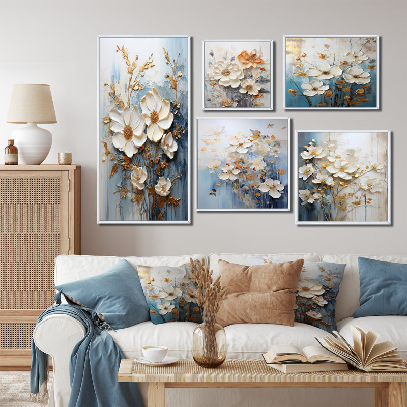 Ensemble de salon mural doré doré et blanc avec fleurs saisonnières Dream IV - Seasonal Flowers, Cadre flottant blanc