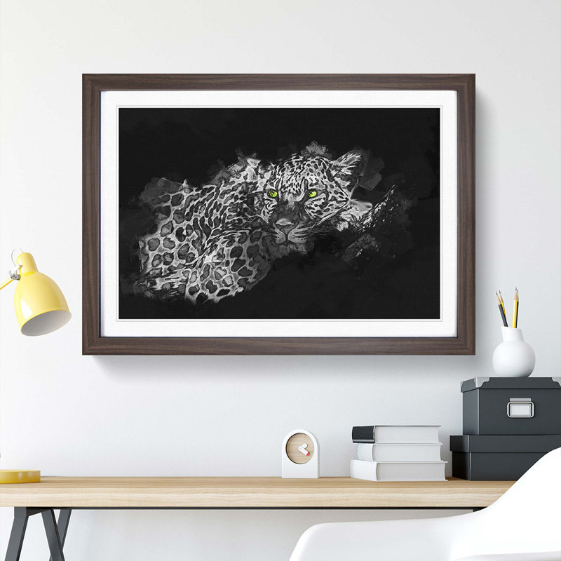 Leopard with Green Eyes High in Abstract - Picture Frame Graphic Art Print, 27cm H x 36cm W x 2cm D, Walnut Framed