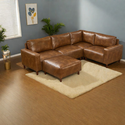 Modern Modular Sectionals, Brown Breathable PU Leather 5 Piece Sofa for Home
