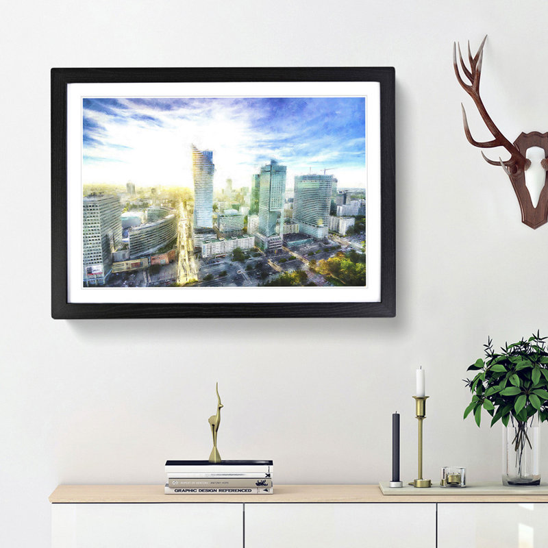 Skyline of Warsaw in Poland - Picture Frame Painting Print, Black Framed, 33cm H x 45cm W x 2cm D
