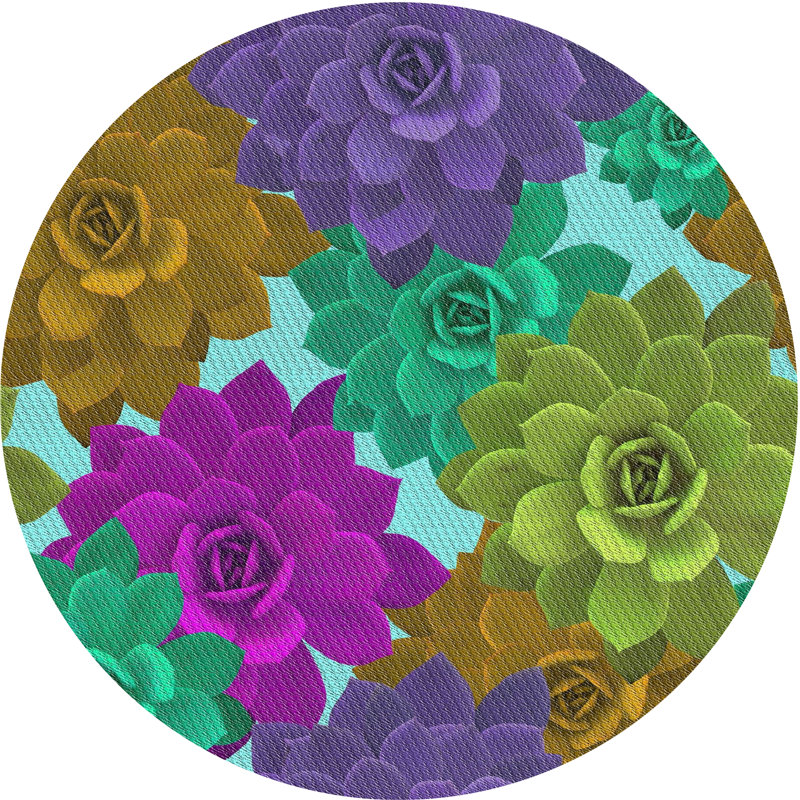 Tapis rose/vert/jaune tissé à la machine, Rond 7 pi