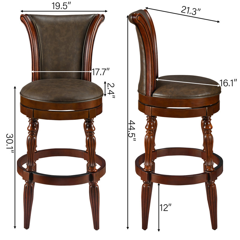 Laiklyn Swivel Solid Wood Bar Stool with PU Upholstered Cushion and Footrest, 2, Brown