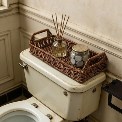 Plateau de réservoir de toilette en rotin avec poignées - Organisateur de meuble-lavabo long et étroit, panier de rangement de comptoir pour serviettes, savon et décor