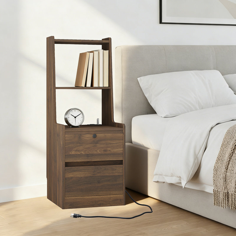 Table de chevet moderne avec tablettes et veilleuse USB intégrée, tiroir verrouillable et éclairage de nuit réglable, Bois