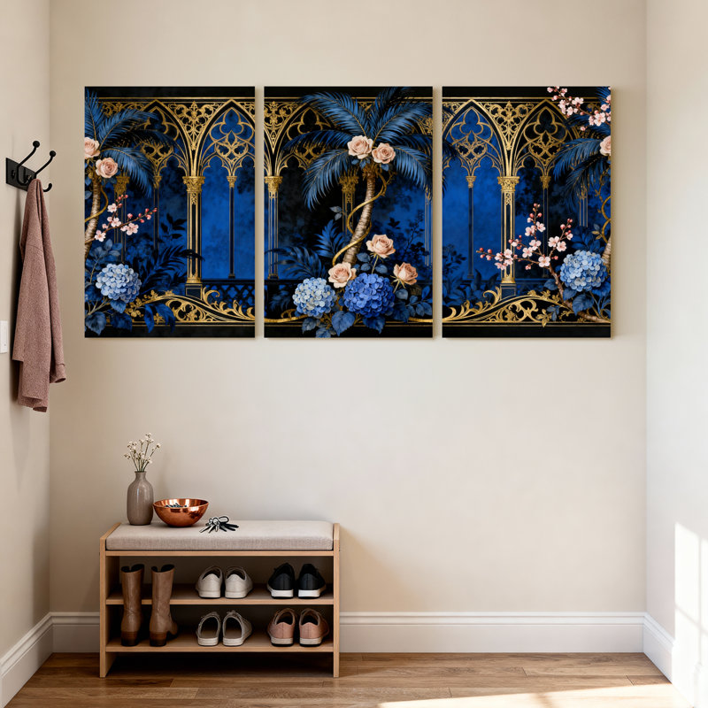 Plantes et fleurs, ensemble de 3 impressions sur toile à motif floral arche gothique bleu, H 36 po x l 24 po