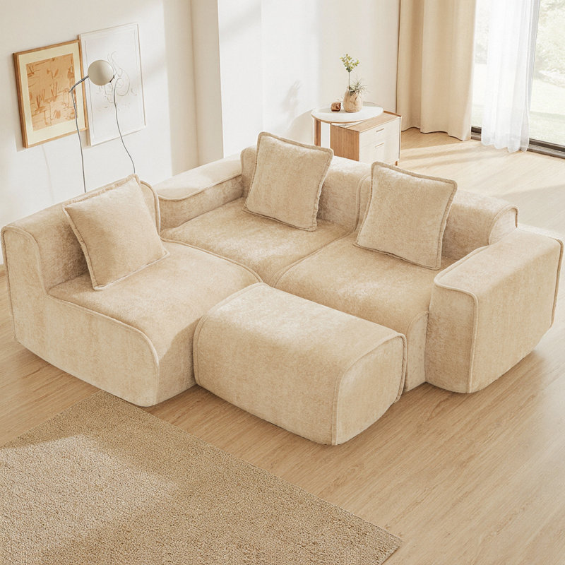 Streamlined Design Modular 3-Seater L-Shape Sectional Boneless Sofa with French Edge Piping, No Assembly Required Velvet Couch with Throw Pillows and Movable Ottoman