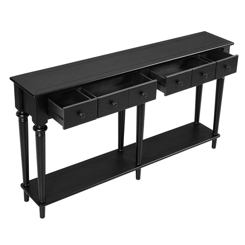 Table de couloir à 4 tiroirs en noir, esthétique rétro, surface en placage de pin, conception d'entrée stable et utile, fonctionnelle