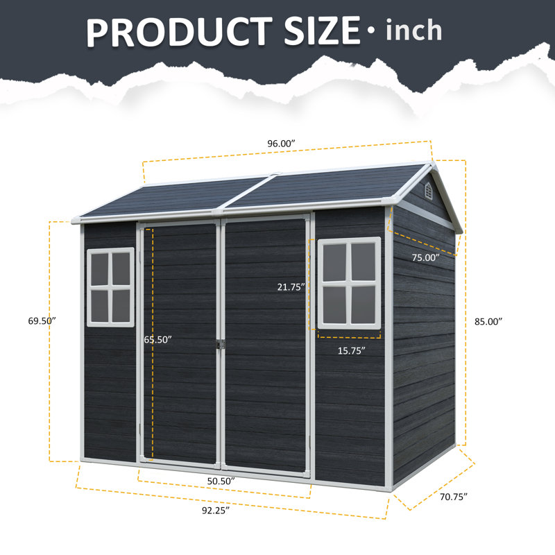 8x6 Resin Outdoor Storage Shed with Floor and 2 Windows Black