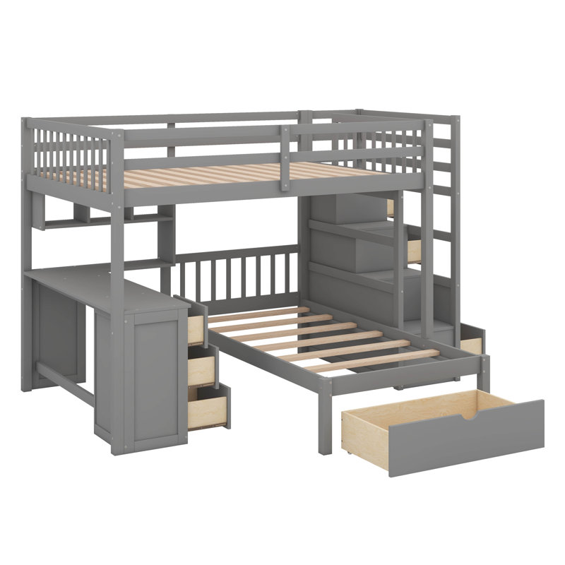 Lit superposé simple avec lit double, bureau intégré, tiroirs et étagère intégrée, Gris