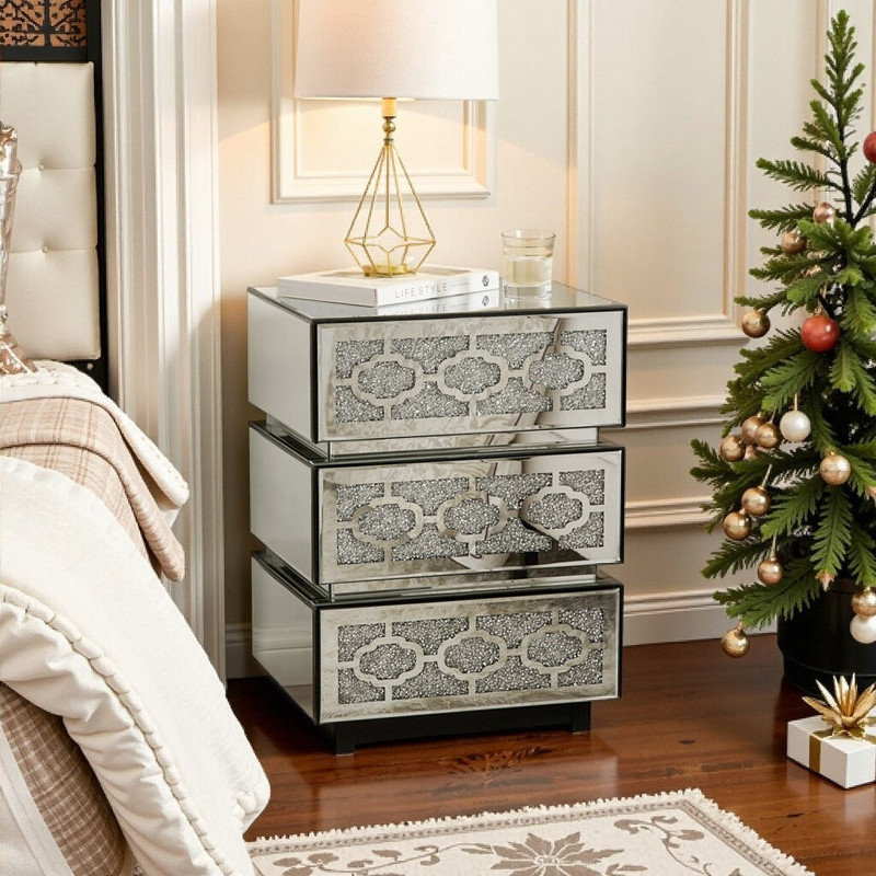 Table de chevet moderne en miroir avec 3 tiroirs et poignées en cristal - l 17,7 po x P 13,8 po x H 23,6 po - Fabrication en panneau de fibres à densité moyenne durable