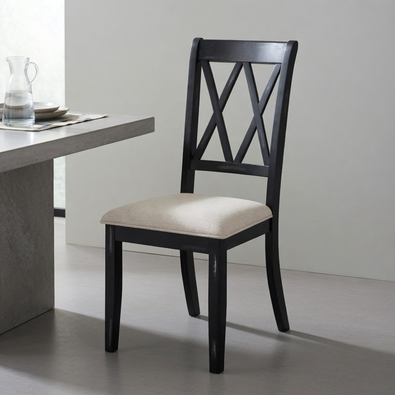  Ensemble de 2 chaises de salle à manger avec dossier courbé, pieds en bois d'hévéa, revêtement en lin, support ergonomique, pour la cuisine, la salle à manger et le restaurant, noir