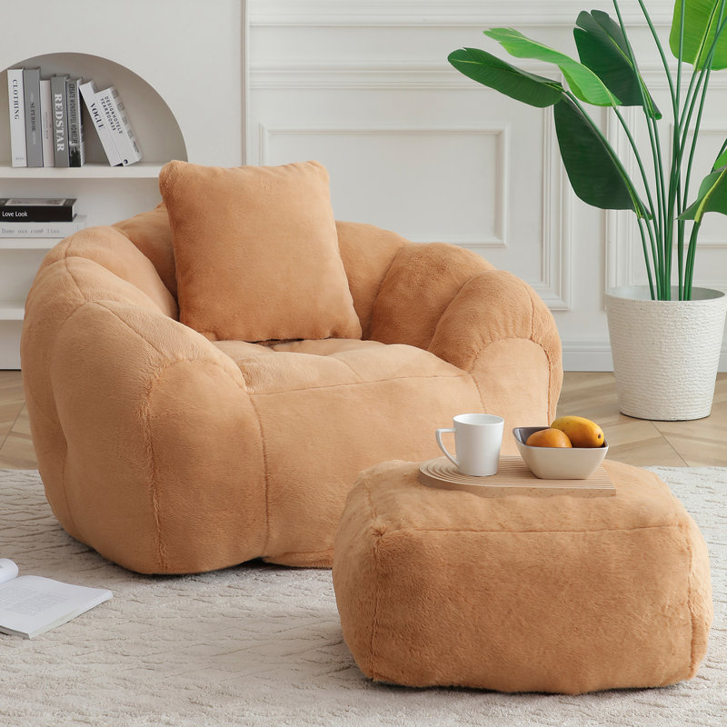 Fauteuil à billes surdimensionné avec repose-pieds, Fausse fourrure orange