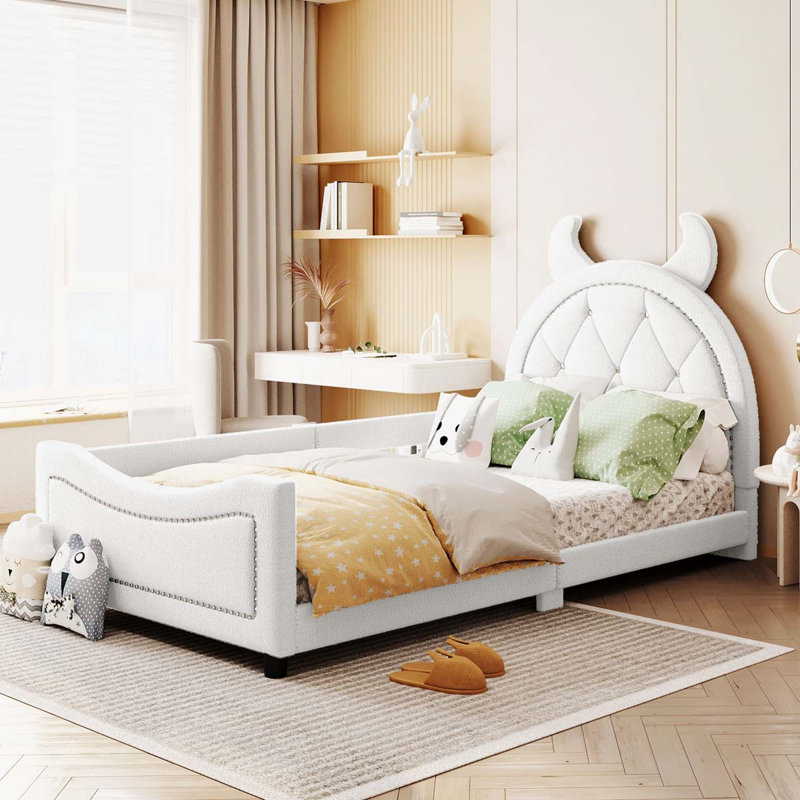 Olear Kids Upholstered Daybed with Rabbit Ear Shaped Headboard,, White Teddy
