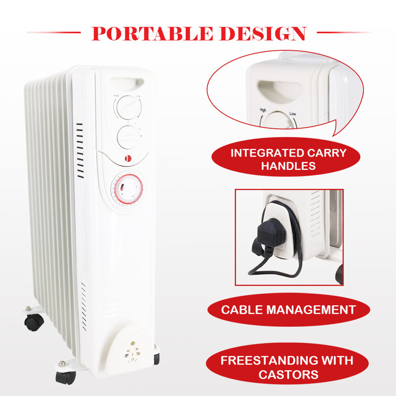 Brecken Oil Filled Radiator 11 Fin 2500W Portable Electric Heater with 24H Timer, White