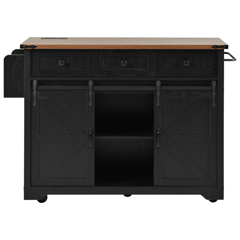 53.7" Farmhouse Kitchen Island With Power Outlet, 2 Sliding Barn Door Kitchen Storage Island With Drop Leaf, Spice Rack Rolling Kitchen Cart On Wheels, For Home, Kitchen And Dining Room