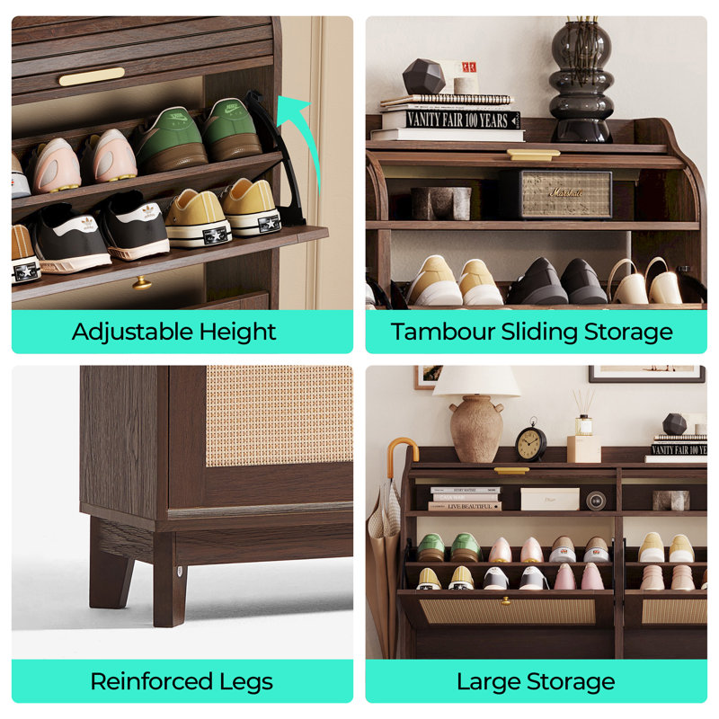 Rattan Shoe Storage Cabinet With Adjustable Shelves And Solid Wood Legs, Boho Modern Shoe Rack, Dark Brown Wood