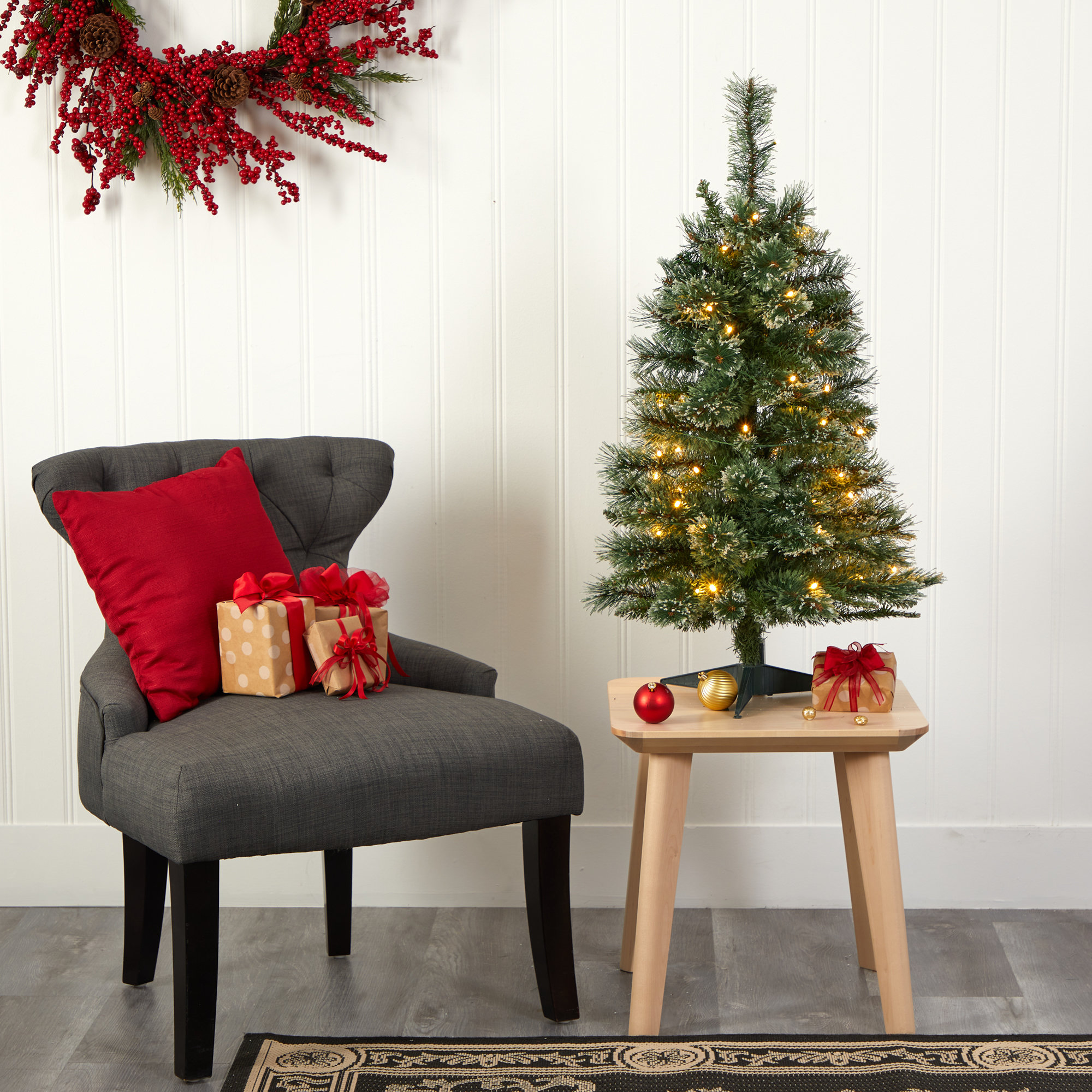 Lighted Artificial Pine Christmas Tree, 3' H