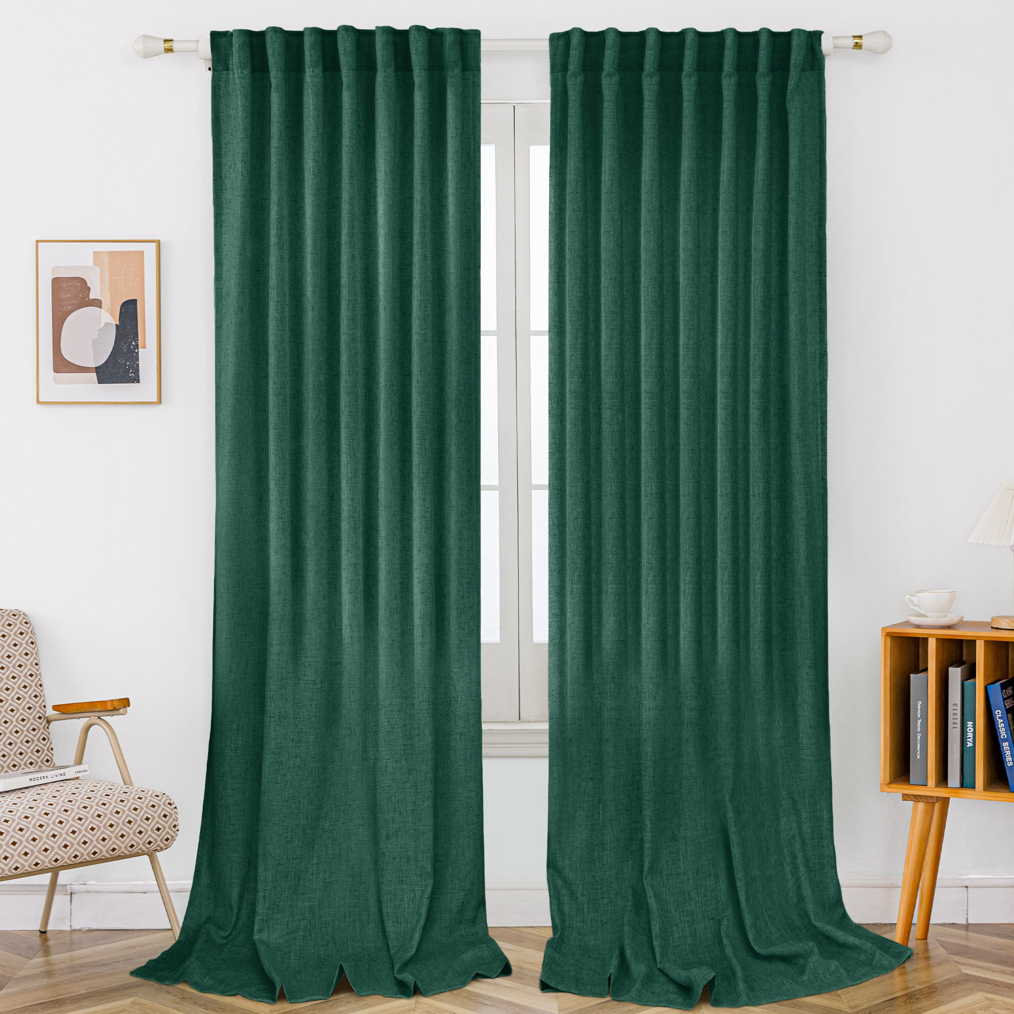 Toyoko Linen Blended Semi-Sheer Back Tab Curtain Pair, 52" W x 63" L, Hunter Green