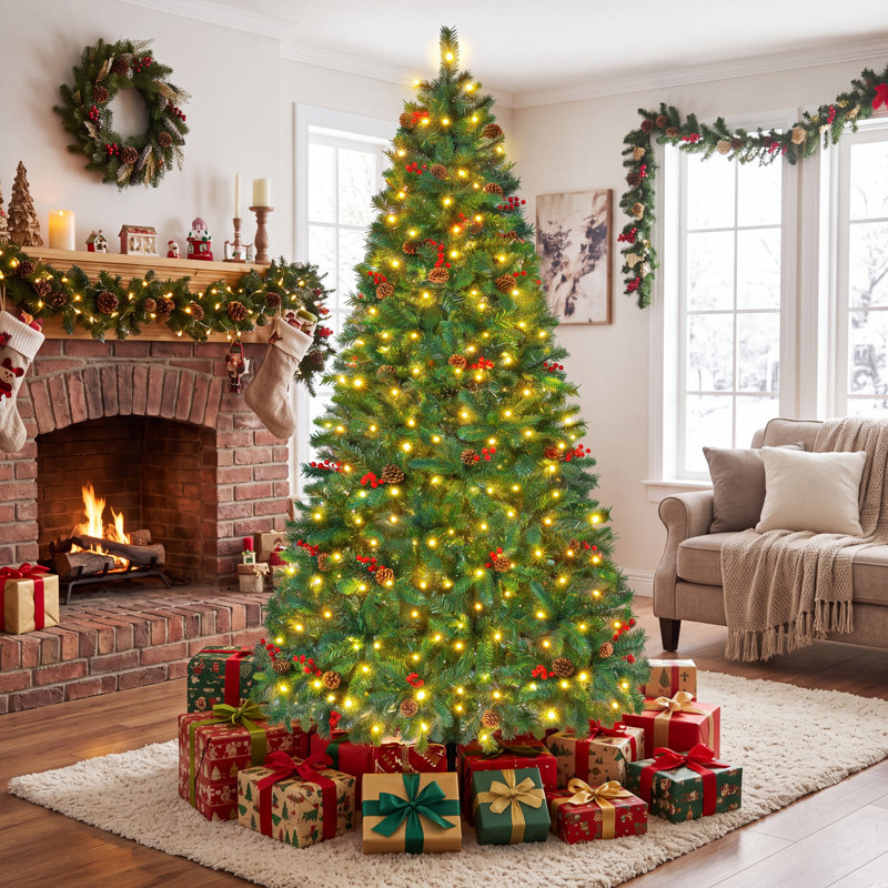 Arbre de Noël artificiel 7,5 pi pré-éclairé, pin vert complet 1308 avec 400 DEL 11 modes, 7,5 pi