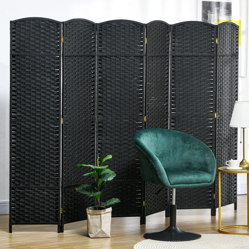 Paravent, écran d'intimité pliable à 6 panneaux de 5,6 pi de hauteur. Noir pour bureau à domicile, chambre à coucher. Cloison autoportante avec un charmant motif tissé à la main et un haut mur arqué haut. Chambre à coucher, bureau.
