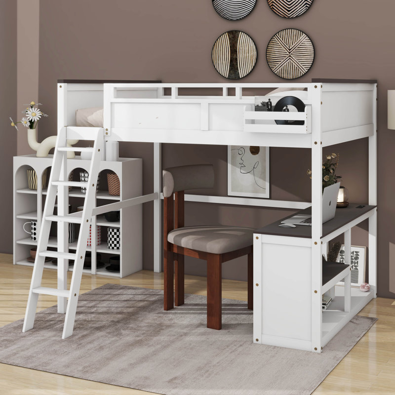 Grand lit mezzanine avec bureau, charge USB et tablettes de rangement