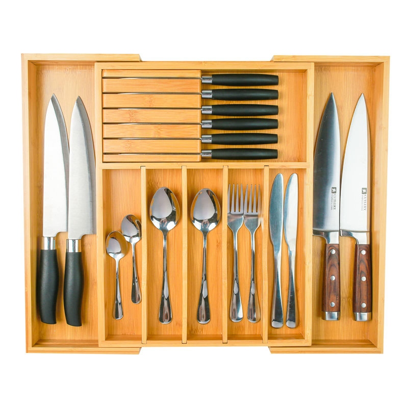 Organisateur de tiroir Silverware avec porte-couteaux amovible et séparateurs, organisateur de tiroir de cuisine en bambou extensible, range-ustensiles de coutellerie pour 8 tiroirs