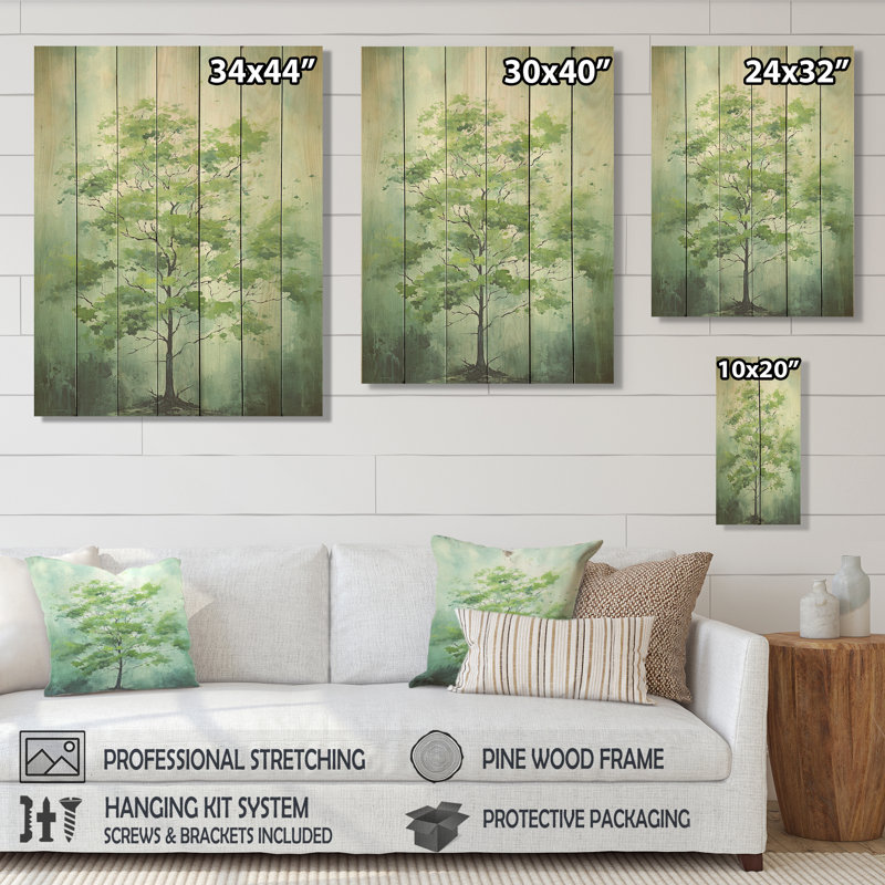 Green Spring Blooms Tree III - Arbre sur bois, H 20 po x l 10 po