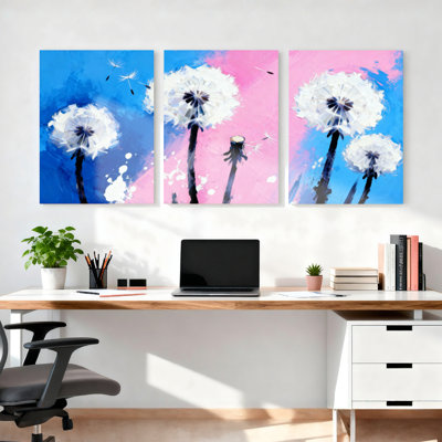 Ensemble de 3 toiles abstraites à motif de pissenlit – Décoration murale moderne pour salon, chambre ou bureau