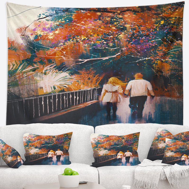 Paysage couple marchant tenant la main tapisserie, H 50 po x l 60 po