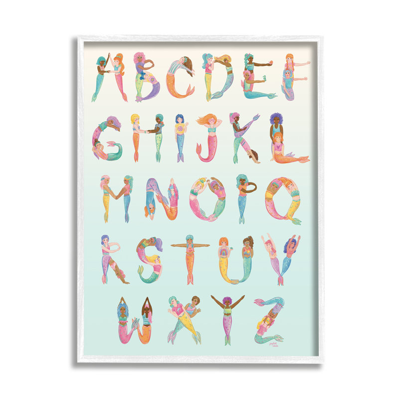 «Mermaid Alphabet Letters On Wood» par Joylark Studio Print, Cadre simple blanc, H 20 po x l 16 po x P 1,5 po