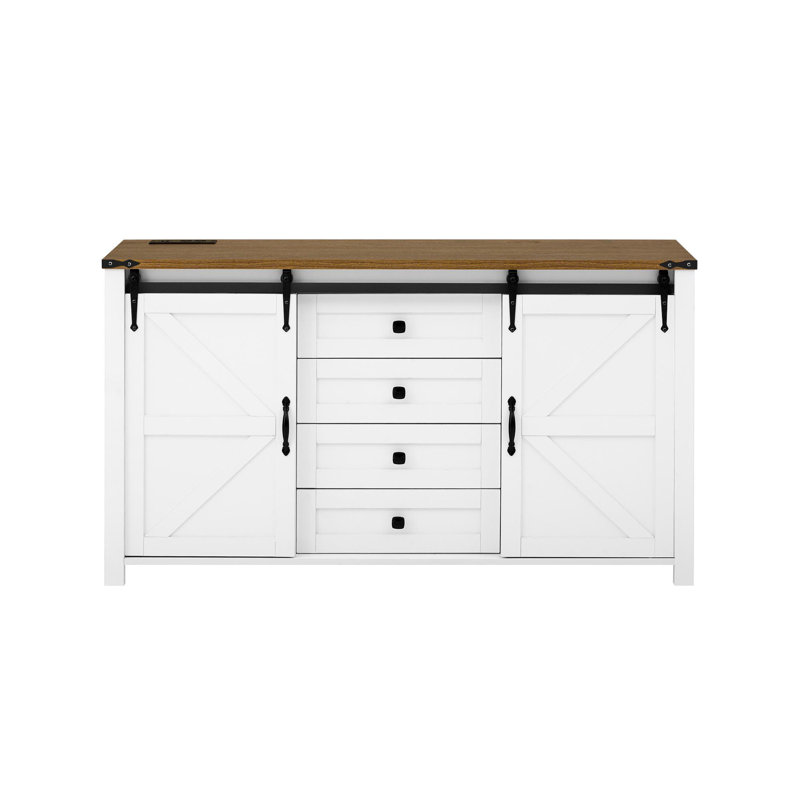 Armoire de rangement 55,1 po avec portes de grange coulissantes et 4 tiroirs 55,1 po, White