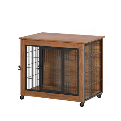 Meuble de 32 po pour chien avec roulettes pour petits chiens, chenil robuste pour l'intérieur avec 2 portes, table de bout pour cage en bois pour animal de compagnie, cage robuste en métal à deux portes pour chien anxieux