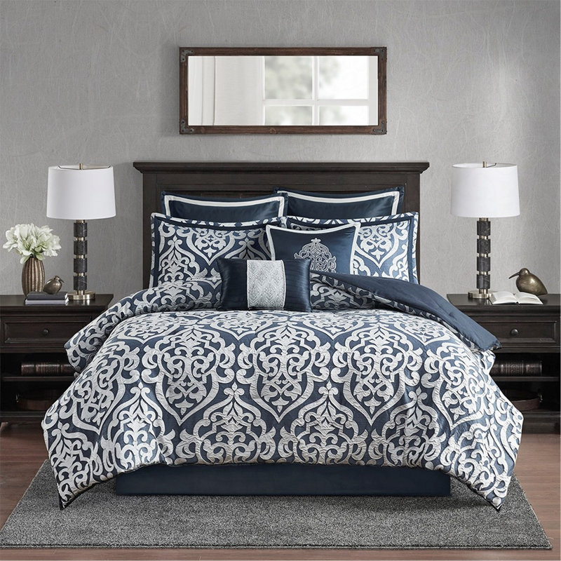 Ensemble d'édredon 8 pièces luxueux en jacquard bleu marine et argent, pour une utilisation toute l'année et un élégant décor de chambre à coucher