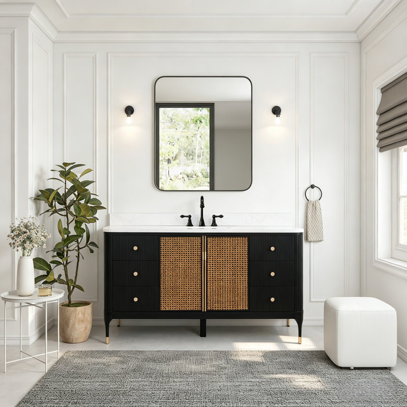 60" Freestanding Single Sink Solid Wood Mid-Century Glam Bath Vanity with Engineered Marble Top, Black