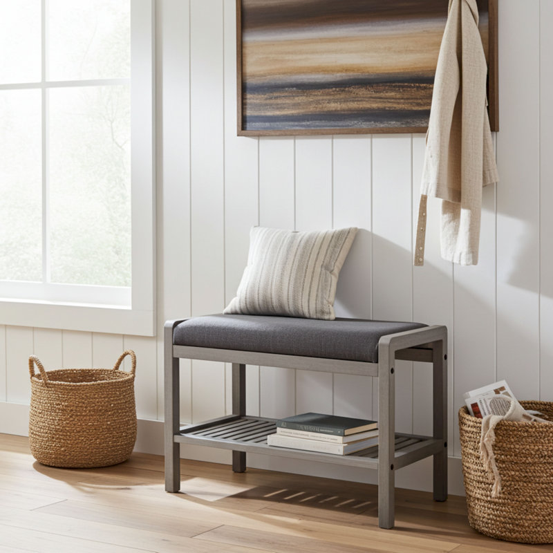 Knarr Cotton Upholstered Storage Bench, Gray