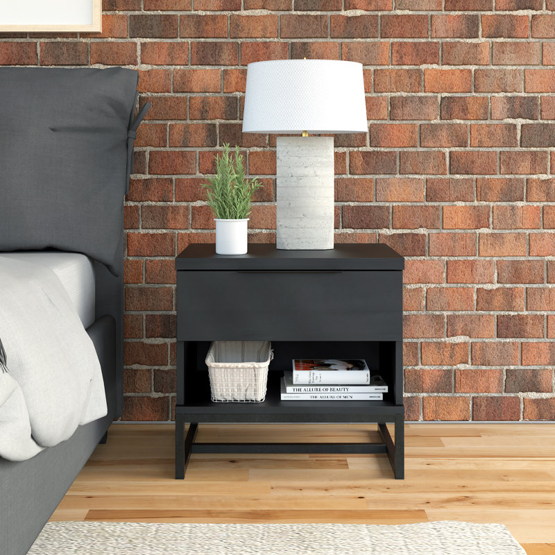 Catania Black MDF and Metal Low Profile Nightstand with 1 Drawer