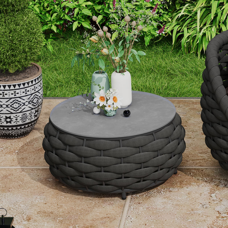 Fully Assembled Round Outdoor Coffee Table with Marble Pattern Tile Top & PVC-coated polyester Rope, Aluminum Frame for Patio, Porch, Garden Light Gray