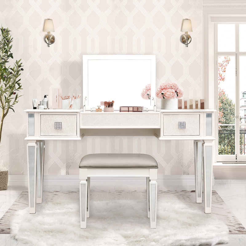 Mirrored Vanities Desk With Drawers, Bedroom Makeup Vanity Table Set With Mirror And Stool, Flip Up Dressing Table, White