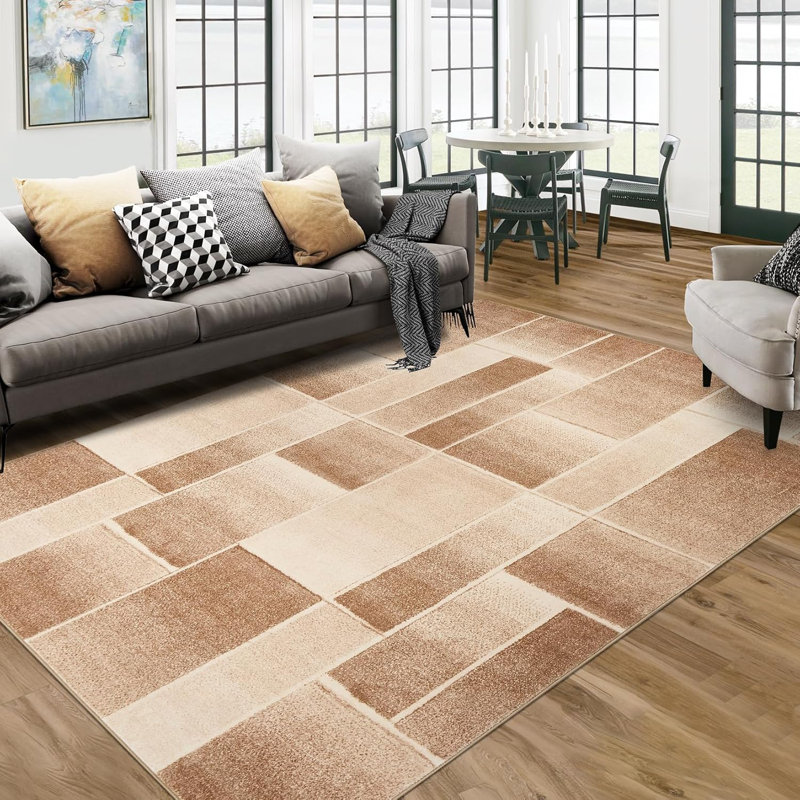Tapis géométrique moderne en patchwork de 274 x 366 cm, lavable, kaki, antidérapant