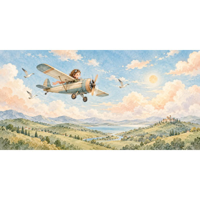Vintage Airplane Wallpaper Mural, Peel and Stick Kids Room Wall Mural, Watercolor Airplane Sky Nursery Wallpaper
