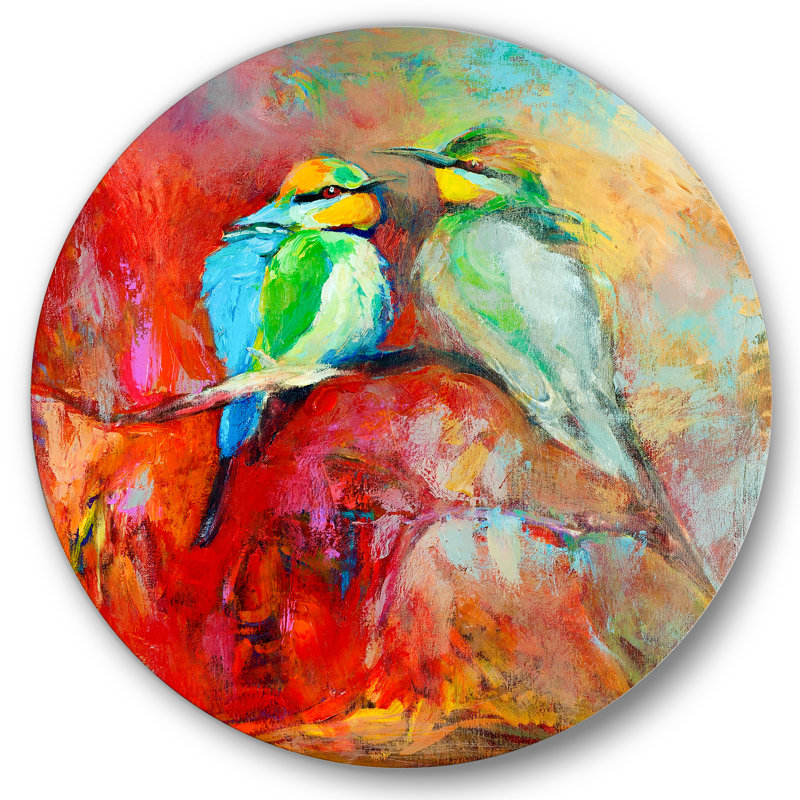 «Blue Tailed Bee Eaters On A Branch» - art mural cercle nautique et côtier en métal, H 11 po x l 11 po x p 1 po