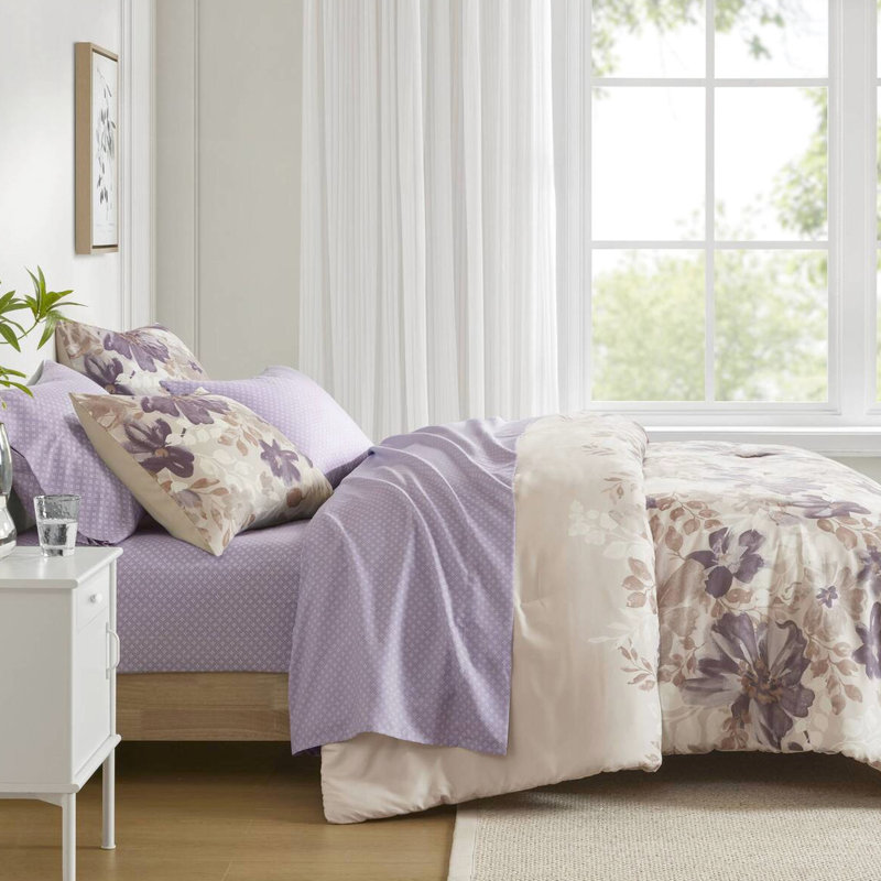 Édredon taupe à très grand motif floral avec draps - microfibre douce, édredon dans un sac, draps, taies d'oreiller 100%