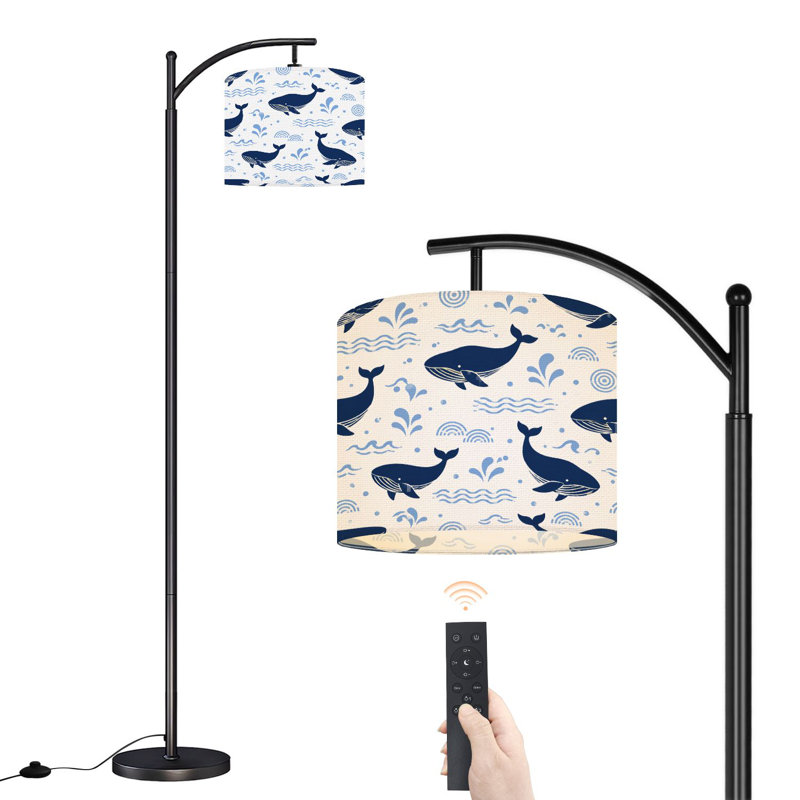 Lampe sur pied à arc avec abat-jour ajustable Lampe sur pied à vagues géométriques baleines bleu marine minimaliste à 3 températures de couleur à intensité variable avec interrupteur au pied pour la chambre à coucher