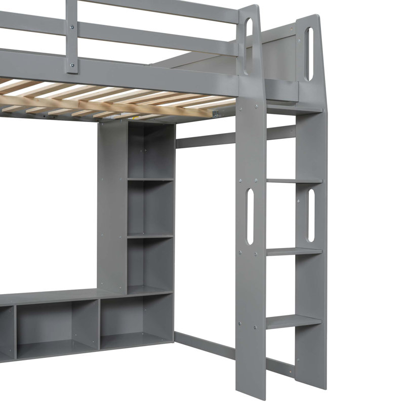 Lit mezzanine double en bois avec bureau, étagères à rangement multiples, DEL et portemanteau suspendu