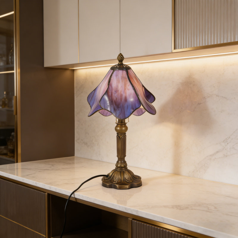 Tiffany Style Blue Purple Petal Stained Glass Table Lamp, Antique Bronze Resin Base, E26 Warm Bulb Included, Vintage Accent Lamp