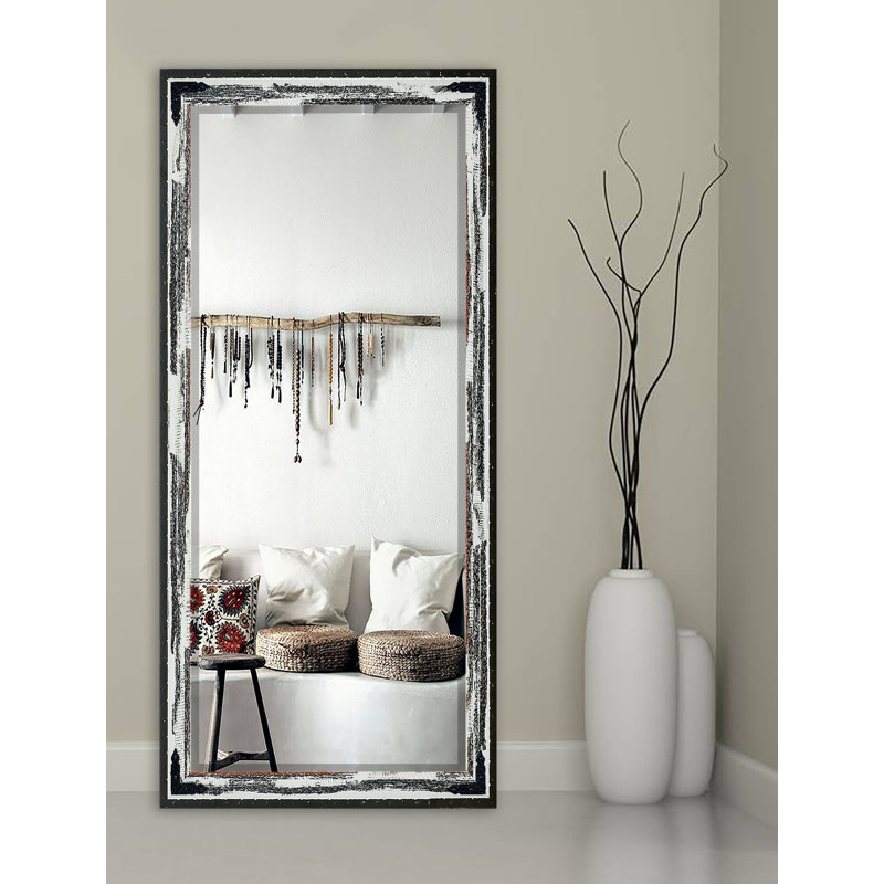 Miroir d'appoint biseauté, Ivoire délavé rustique et noir, H 65,5 po x l 32 po